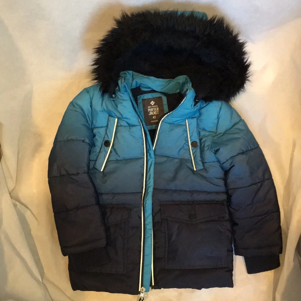 Kids Blue Ombre Puffer Jacket with removable Faux Fur Hood